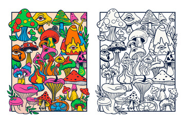 Trippy psychedelic mushroom adult colouring page with colored version, cute doodle sketch hand drawn style, vector illustration