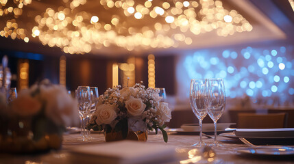 Elegant wedding reception with floral centerpieces, crystal wine glasses, and dazzling bokeh lighting creating a romantic atmosphere.
