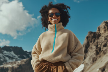  beautiful smiling woman wearing an oversized sand color fluffy terry cotton half zip sweater with neon blue details and brown baggy sweatpants, standing on the mountain’s background