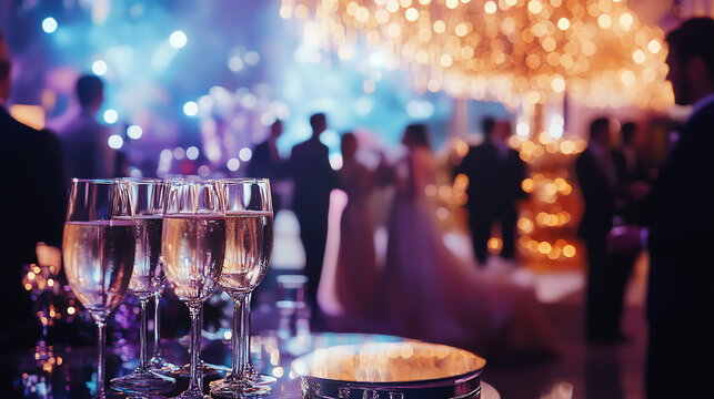 Elegant wedding reception with champagne glasses, fairy lights, and dancing guests in a beautiful decorated venue.