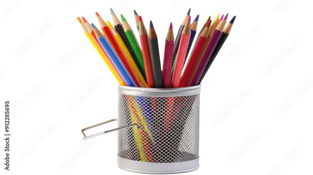 Poster a collection of vibrant colored pencils stored in a metallic container, perfect for artistic endeavo