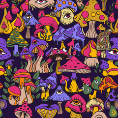 Trippy psychedelic mushroom seamless pattern background, doodle sketch hand drawn style, vector illustration