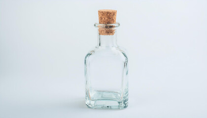 Elegant clear glass bottle with cork stopper on white background. Container for liquids. Mock-up.