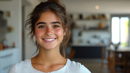 A cheerful young girl smiles warmly in a modern kitchen filled with natural light