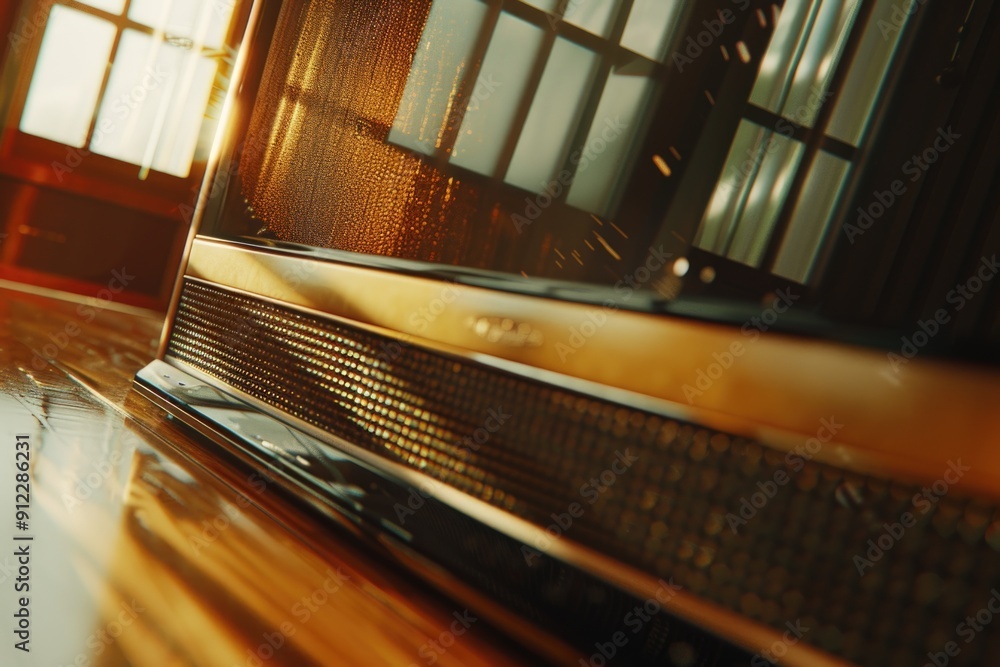 Poster a close-up view of a television screen on a wooden table, great for showcasing electronics or media-
