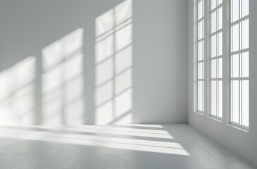 Obraz premium Sunlight streaming through windows casting shadows on a white floor and wall