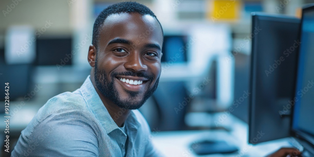Poster a man smiles while working on his computer in a contemporary office setting