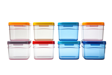 A Spectrum of Colorful Stackable Storage Containers for Organized Kitchen Essentials on a White or Clear Surface PNG Transparent Background.