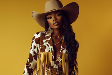 
African American woman, fashion model wearing a cow print cowgirl style jumpsuit with a cowboy hat and fringe belt , golden statement accessories , posing fashionable and confident 