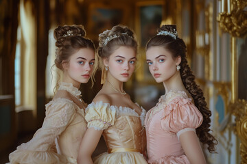 fictional young women in French style pastel tones elaborate dresses with intricate braided hairstyles pose confident for the camera inside palace, in a historical drama movie scene