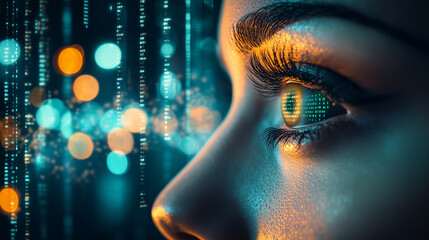 A woman's eye is reflected in a computer screen