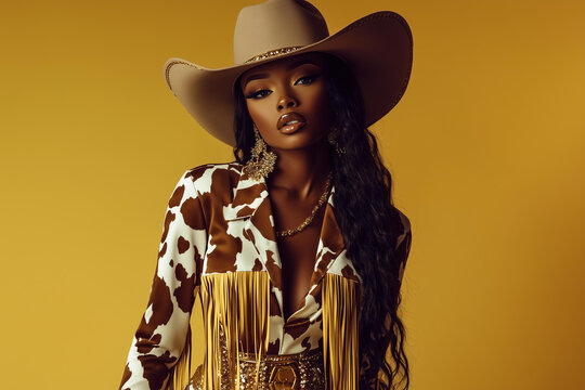 
African American woman, fashion model wearing a cow print cowgirl style jumpsuit with a cowboy hat and fringe belt , golden statement accessories , posing fashionable and confident  - Powered by Adobe