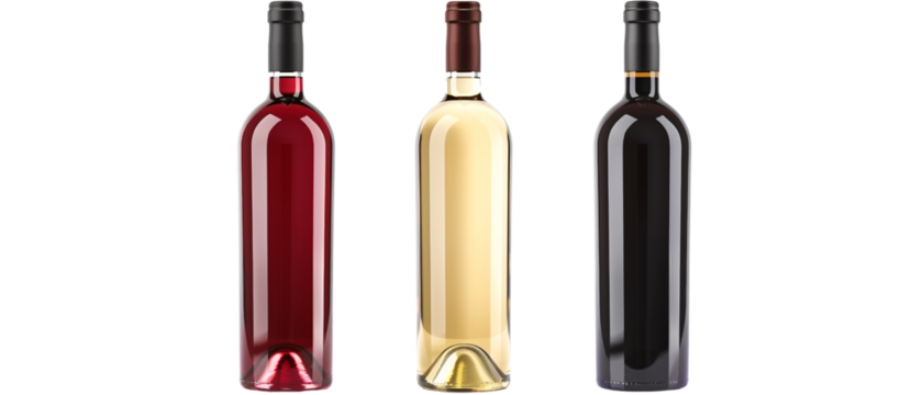 Three Bottles of Wine  Red, White, and Rose