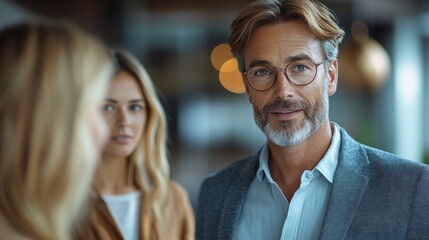 Professionals discuss ideas and collaborate in a stylish office environment filled with warm lighting