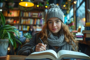 A woman writing in a journal at a cozy coffee shop, surrounded by books and plants