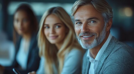 Three professionals engage in a collaborative discussion in a bright office