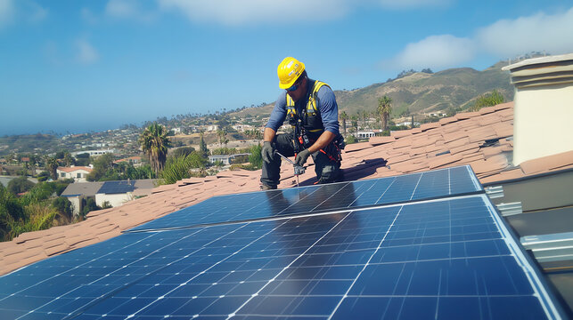 Technician in safety gear installing solar panels on a rooftop with scenic view in the background.