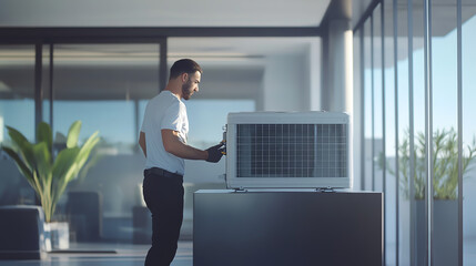 Technician working on air conditioning unit in modern office setting, ensuring efficient cooling system maintenance.