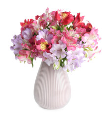 Beautiful alstroemeria flowers in vase isolated on white