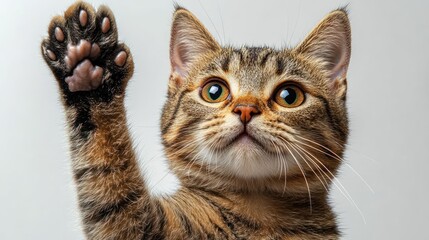 Fototapeta premium A tabby cat curiously raises its paw, looking directly at the camera with wide eyes