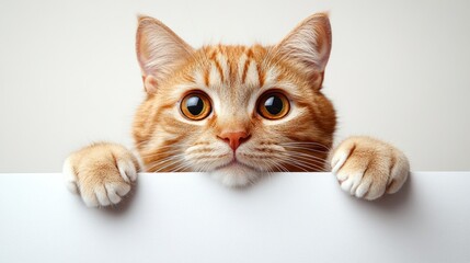 An orange tabby cat with big eyes looks curiously over a blank area