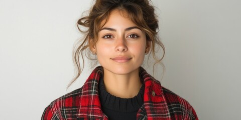 Fototapeta premium A young woman smiles warmly while wearing a plaid jacket, showcasing her relaxed and friendly demeanor