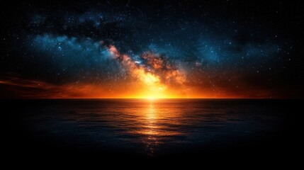A vibrant sunset reflects on calm ocean waters while stars twinkle above in a darkening sky
