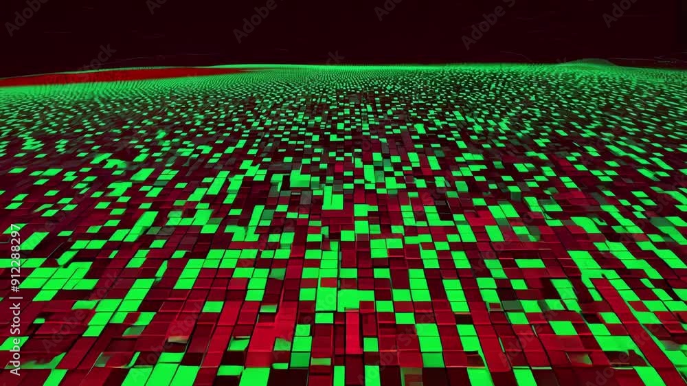 Poster a colorful grid showcasing shifting data patterns, with green and red squares creating a striking vi