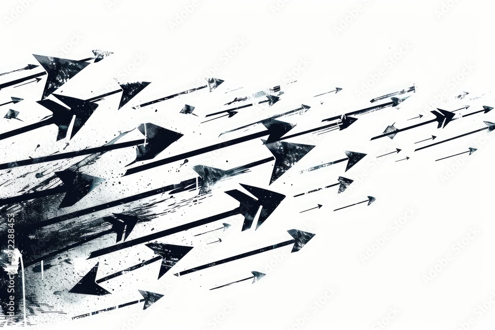 Poster a set of arrows in various shapes and sizes, captured in a black and white photograph