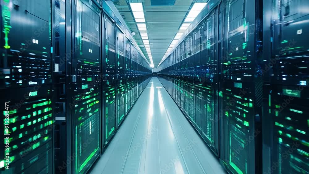 Poster rows of server racks filled with advanced technology illuminated by green lights create a futuristic
