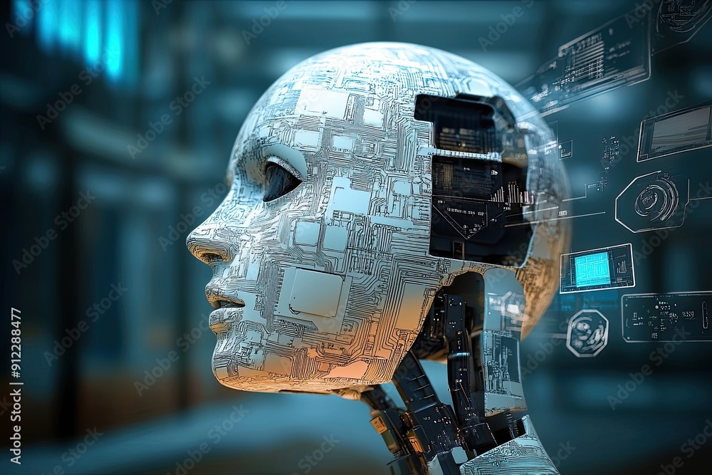 Poster a futuristic robot with exposed circuitry and a digital interface