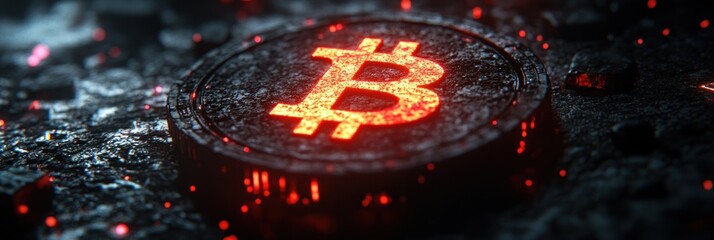 A bright bitcoin symbol shines brightly against an intense molten rock backdrop