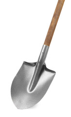 Metal shovel with wooden handle isolated on white