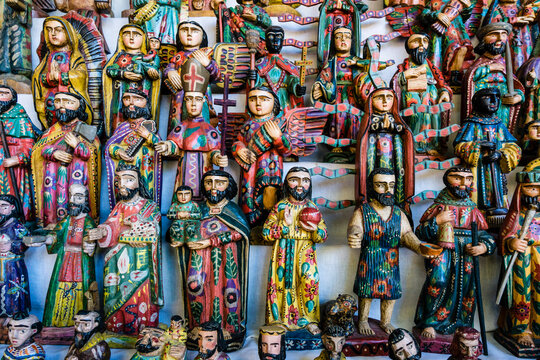 wooden figures of saints, Santiago Atitlan, market, Solol&aacute; department, Guatemala, Central America