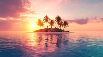 Colorful island with palm trees, warm sunlight illuminating the landscape, perfect tropical getaway