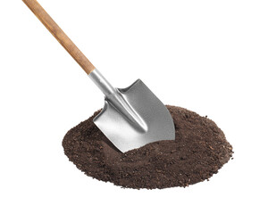 Metal shovel with wooden handle and pile of soil isolated on white