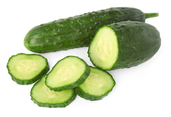 Fresh cut cucumber isolated on white, above view
