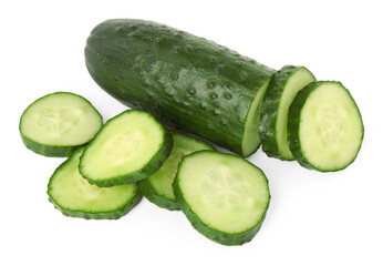 Fresh cut cucumber isolated on white, above view