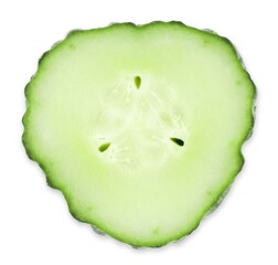 One piece of fresh cucumber isolated on white, top view