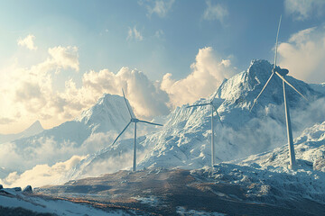 Generative ai on theme of wind power farm with rotation propellers, does not pollute environment