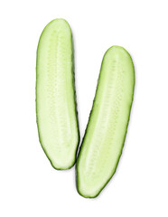Halves of fresh cut cucumber isolated on white, top view