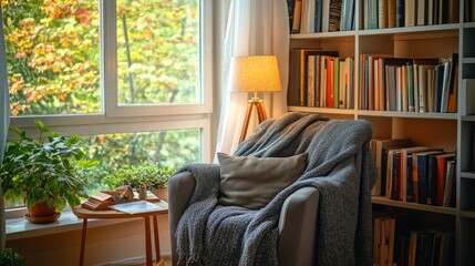 A comfortable reading nook features a cozy armchair draped in a soft blanket, with shelves of books and warm light filling the space