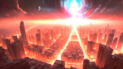 Cosmic vortex over a large city. A gritty, high-contrast cinematic keyframe with a shallow depth of field, featuring a blurred background and a subject in focus, evoking a sense of intimacy and drama.