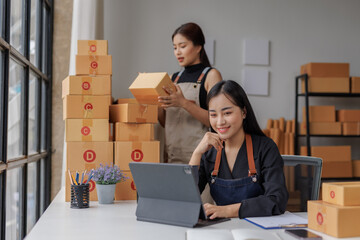 Small Business Startup, SME Owner, Two Asian Female Entrepreneurs check product inventory, stock, packing, order management. SME online business ideas, delivery ideas.