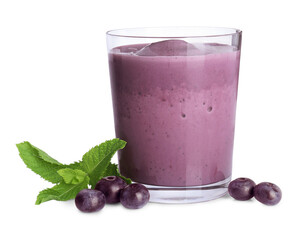 Tasty acai smoothie in glass, mint and berries isolated on white