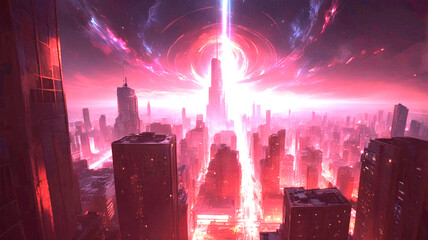 Cosmic vortex over a large city. A gritty, high-contrast cinematic keyframe with a shallow depth of field, featuring a blurred background and a subject in focus, evoking a sense of intimacy and drama.