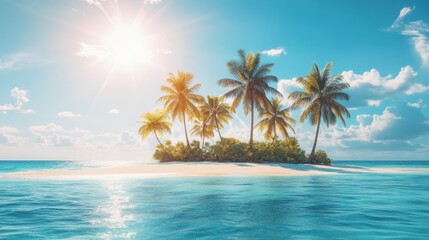 Colorful palm tree island, radiant in the bright sunshine, surrounded by azure waters