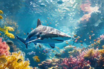Fototapeta premium Vibrant coral reef habitat with shark swimming gracefully among colorful fish