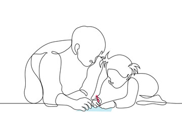 father with a little daughter who is drawing, both of them on the floor - one line art vector. concept of loving father with daughter, male nanny, babysitter, older brother