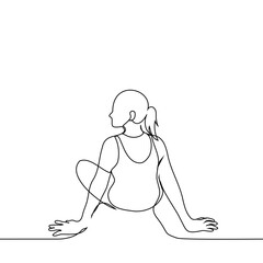 woman in a Wrestling top and shorts sits on the ground with her back to the camera with her hands out for support - one line art vector. concept of summer vacation, young woman in summer
